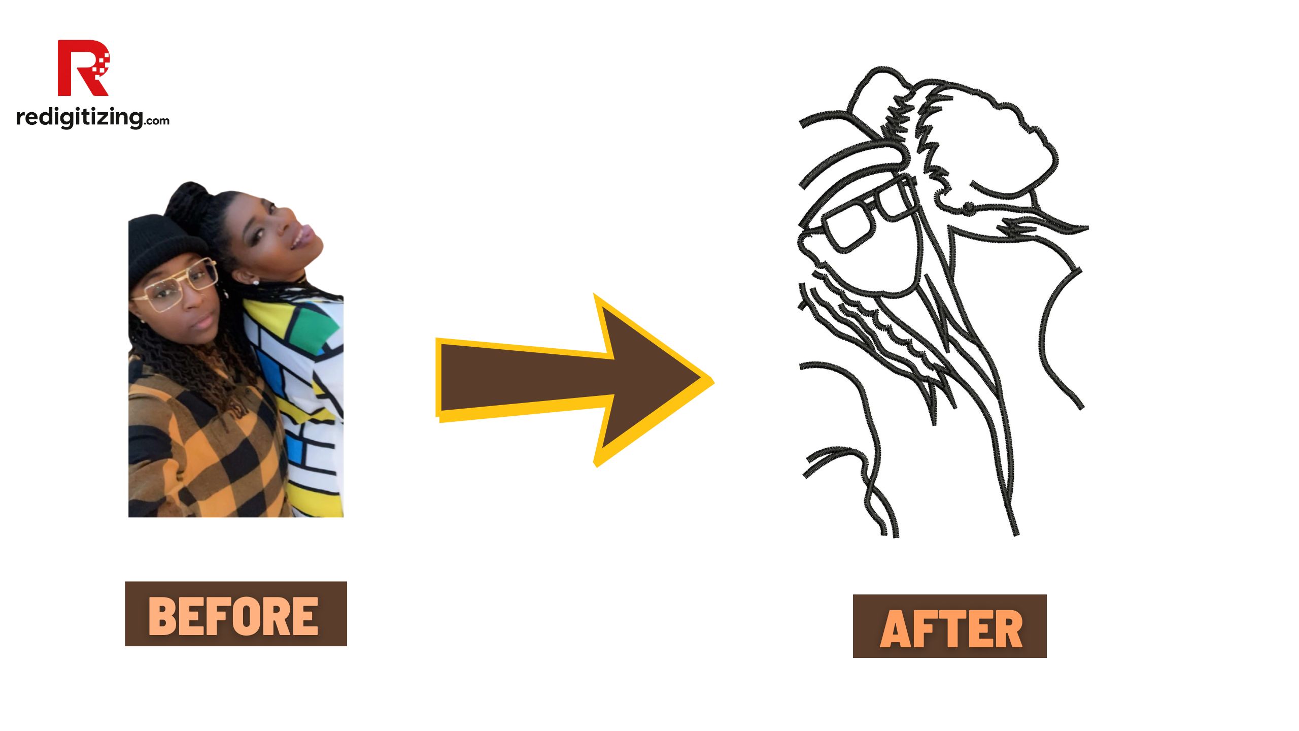Couple outline embroidery before after