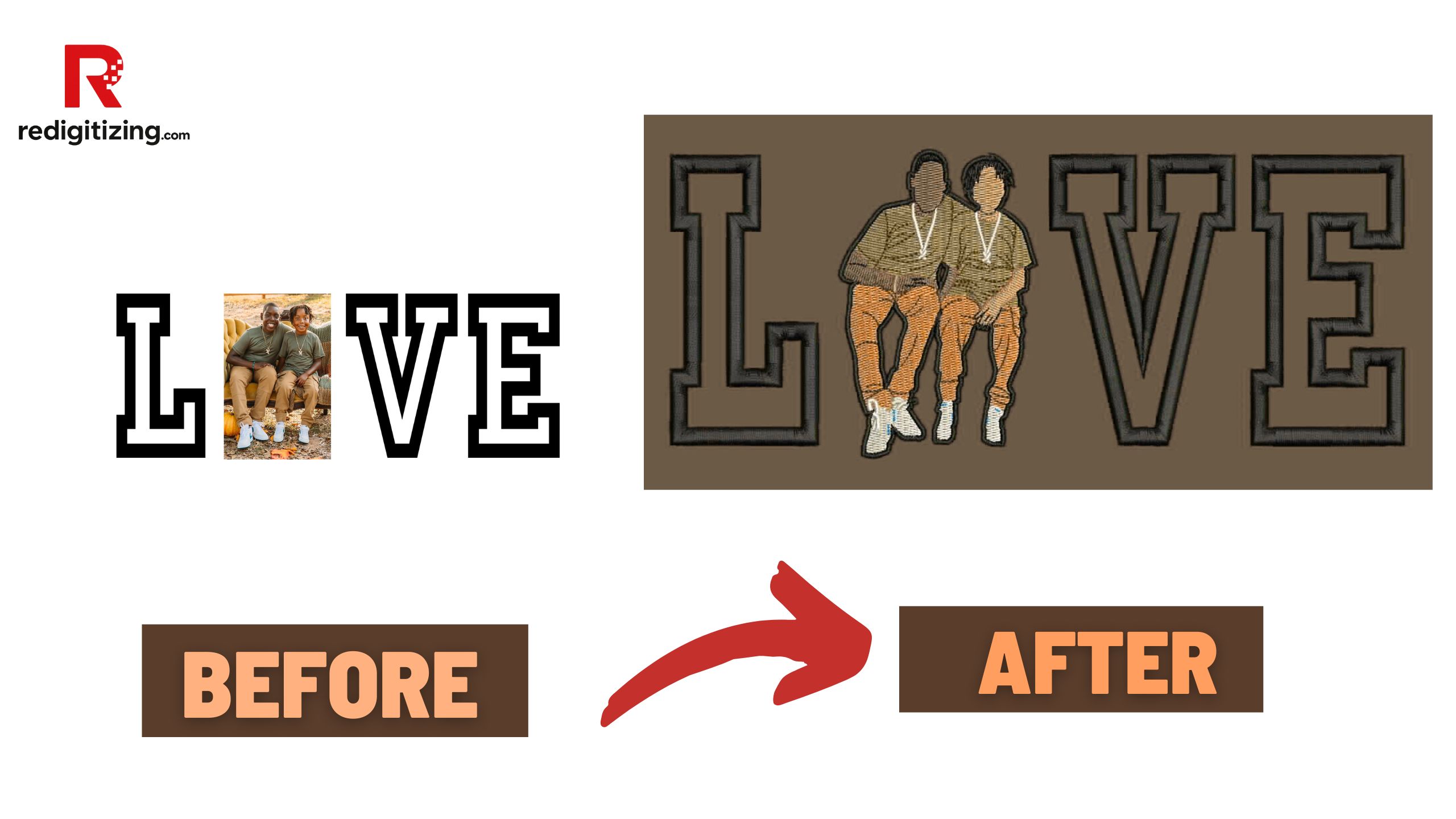 LOVE varsity style embroidery before after