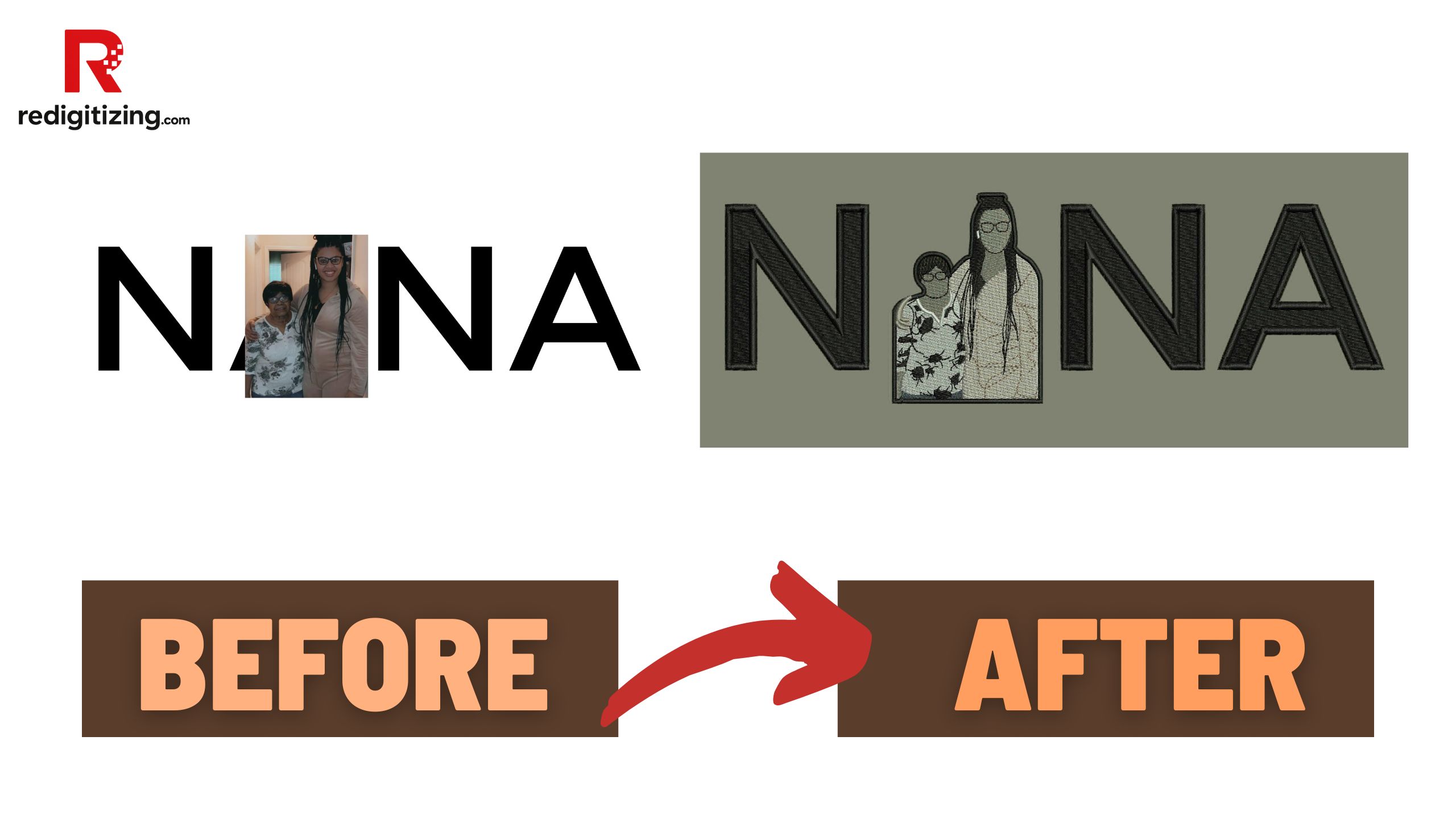 NANA embroidery before and after