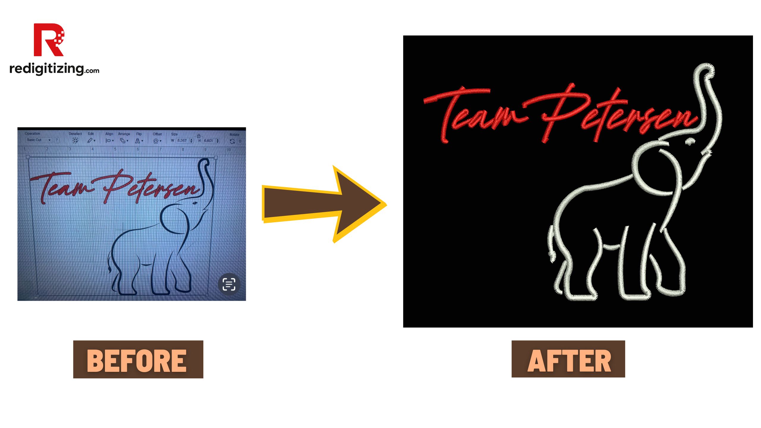Team Petersen embroidery before after