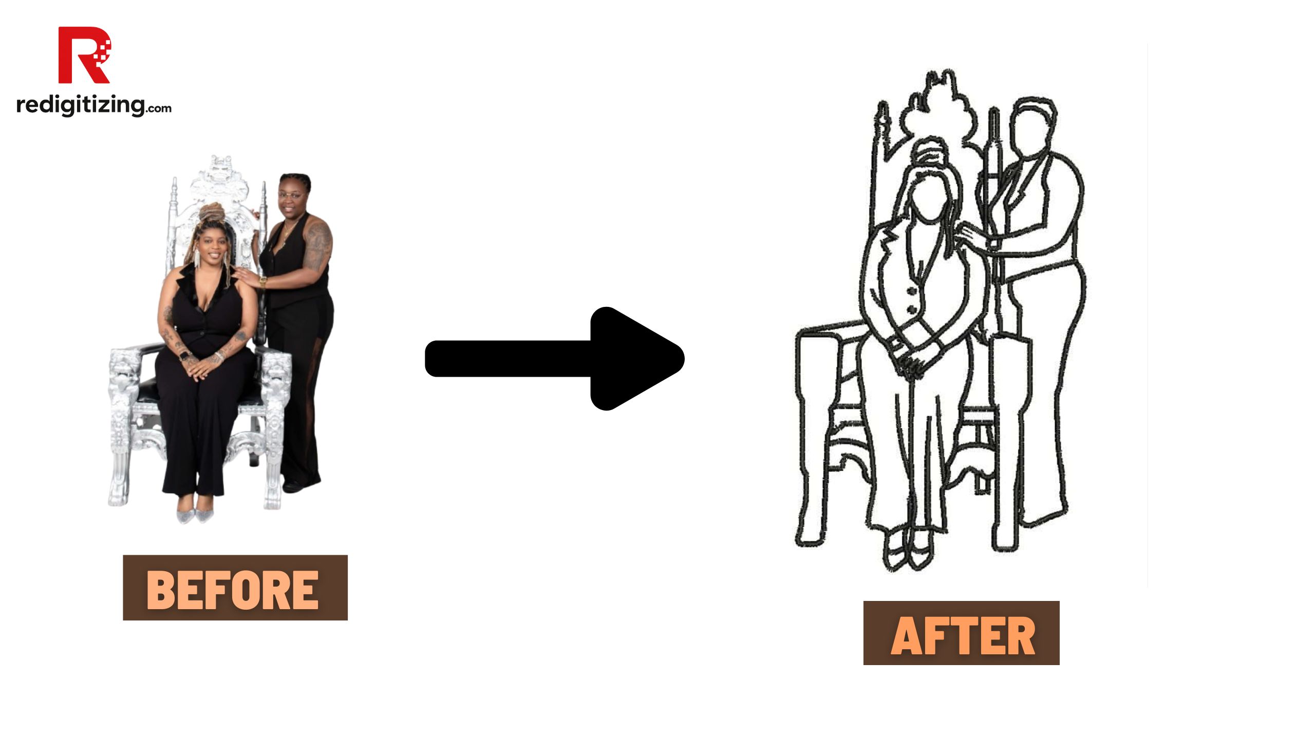 Portrait outline embroidery before after