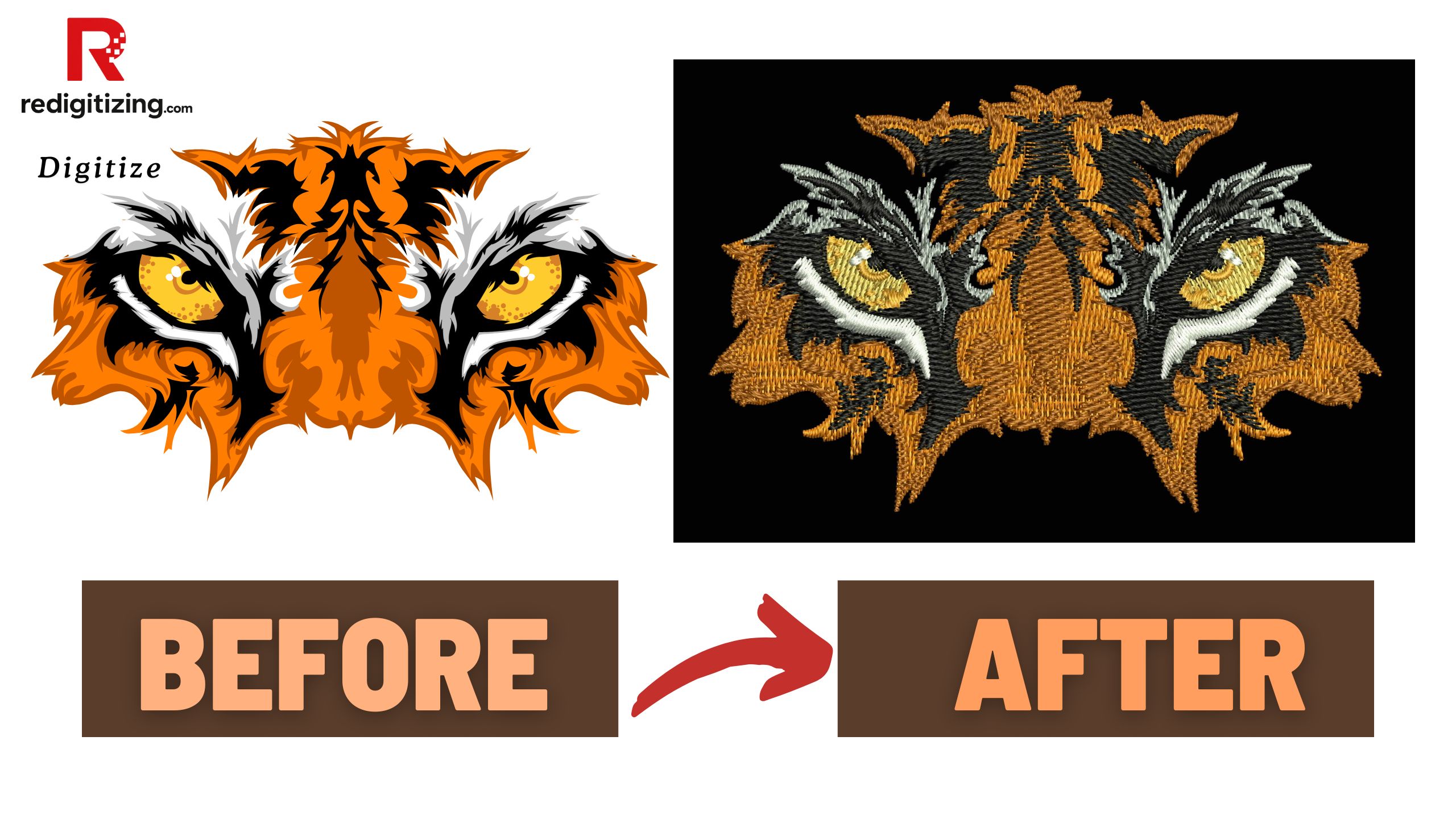 Tiger eyes embroidery before after